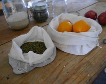 TWO produce bags,Organic cotton bag, Bulk bag, Reusable food bag, Oganic Cotton muslin bag