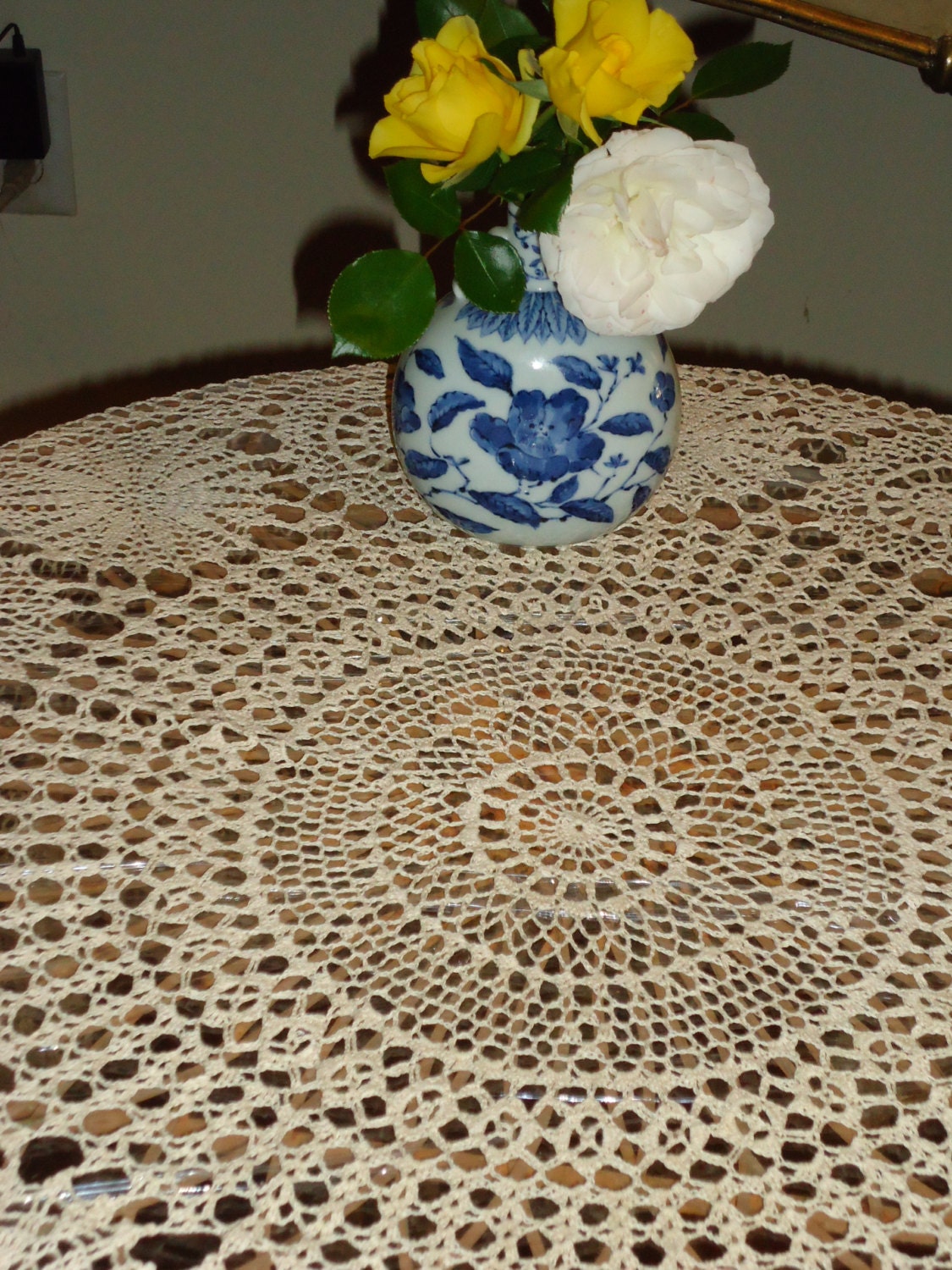 Vintage Crochet Lace Ecru 60 inch Round Tablecloth
