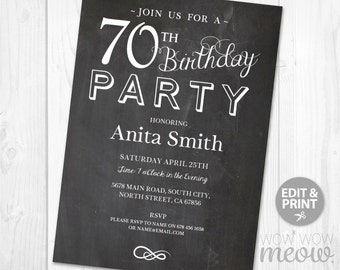 70th Birthday Invitation Party Invite Elegant INSTANT DOWNLOAD Chalk SEVENTY Mens Womens Edit 70 Edit Digital Editable Printable Personalize