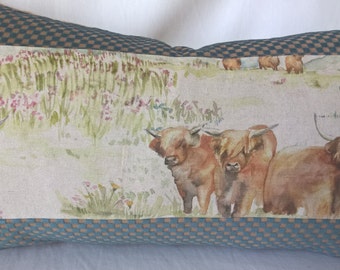 Voyage Linen Highland Cattle Pillow Checked Cut Velvet Back 14"x 24" Scotland!