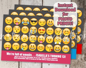 Emoji Invitation for Birthday Party - Printable digital file instant download - Smiley emoji theme Invite - DIY Photo prints or card stock