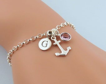 Personalized Anchor Bracelet, Silver Anchor Bracelet, Nautical Anchor Jewelry, Navy Bracelet, Initial Birthstone Bracelet, Anchor Charm
