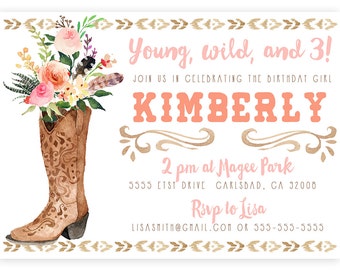 Cowgirl Birthday Invitation, Watercolor Flower, Boho Printable Invite (545)