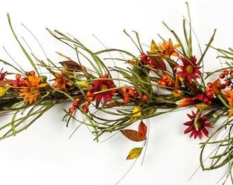 Fall Garland with Flowers, Leaves and Berries, Pip Berry Garland, Fall Decor, Autumn Decor, Fall Floral, Sunflower Garland, Free Shipping