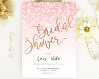 Rose gold bridal shower invitation printed on shimmer papper | Sparkling wedding shower invitations cheap