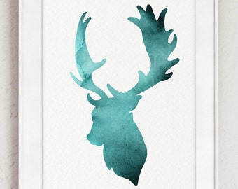 Deer head painting | Etsy - Deer Head Painting, Teal Watercolor Art Print, Animal Silhouette Gift Idea,  Custom Horns Image