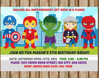 Boys Avengers Birthday Invitations- Sibling Superhero party- Avengers Superhero Invitation- Thor, Hulk, Spiderman- 4"x6" size- Digital