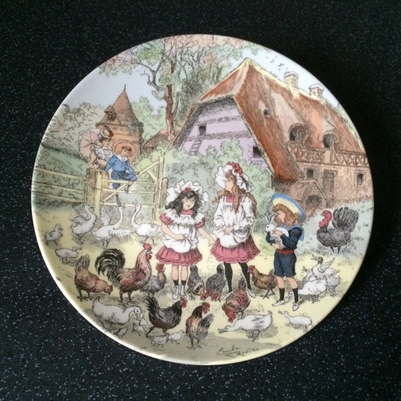 Poole Pottery Small Display Plate by Emilie Rohida "Children In Farmyard" Scene
