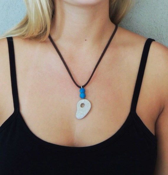 Turquoise Lava stone Necklace, Hagstone Pendant, Hagstone Talisman, Wiccan Pendant, Witchcraft Necklace, Healing Necklace, Hag stone Jewelry