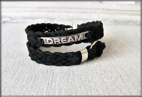 Mens Quote Bracelet, Men Leather Bracelet, Unisex Wrap Bracelet, Quote Wrap Bracelet, Dream Leather Bracelet, Mens Braided Wristband