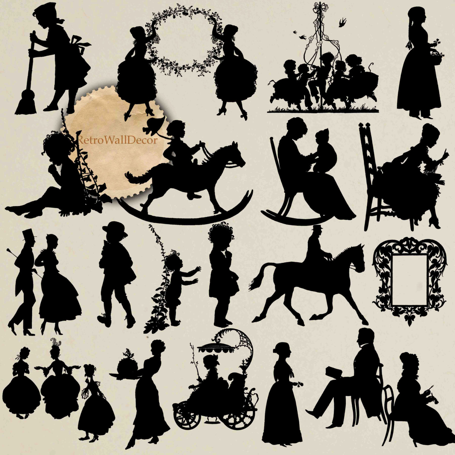 Vintage Silhouettes Couple Silhouettes Clip art by RetroWallDecor