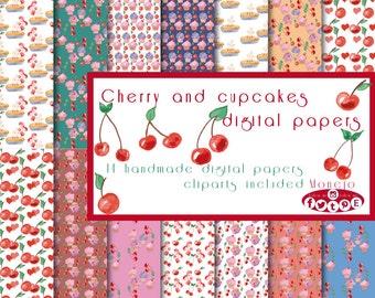Cherry and cupcakes. Clipart. Digital paper. Funds. Scrapbooking.
