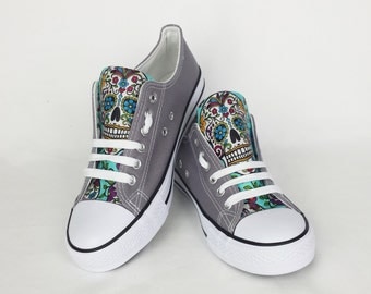 Sugar skull shoes, grey shoes, custom skull shoes, custom converse style, women shoes, turquoise shoes, gift for her, unique, rockabilly