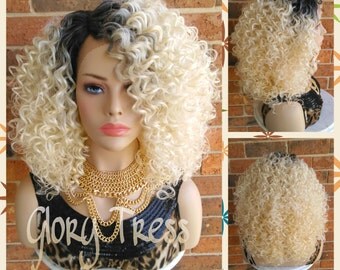 ON SALE // Celebrity Inspired Lace Front Wig, Ombre Platinum Blonde Wig, 100% Human Hair Blend, Kinky Curly Wig // BOLD (Free Shipping)