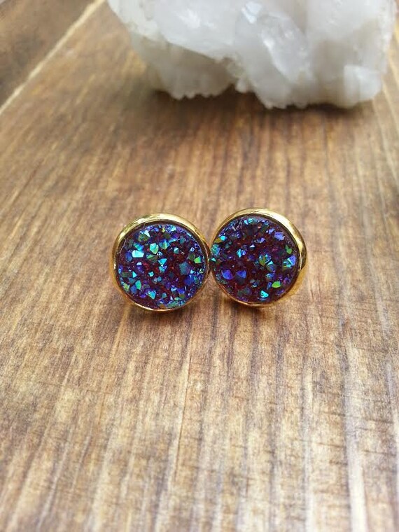 Druzy Blue Stud Earrings Gold Studs Druzy Jewelry Iridescent