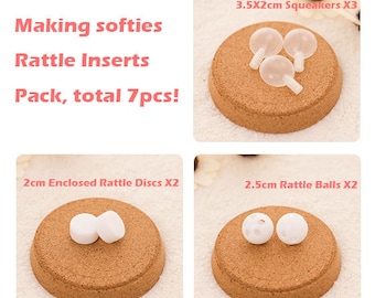 Rattle Inserts Pack of 7pcs, include 2 Small Rattle Balls, 2 Small Enclosed Rattle Discs and 3 Small Squeakers, DIY Toy Making