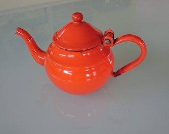 Vintage orange Enamel Tea Kettle, Enamel teapot