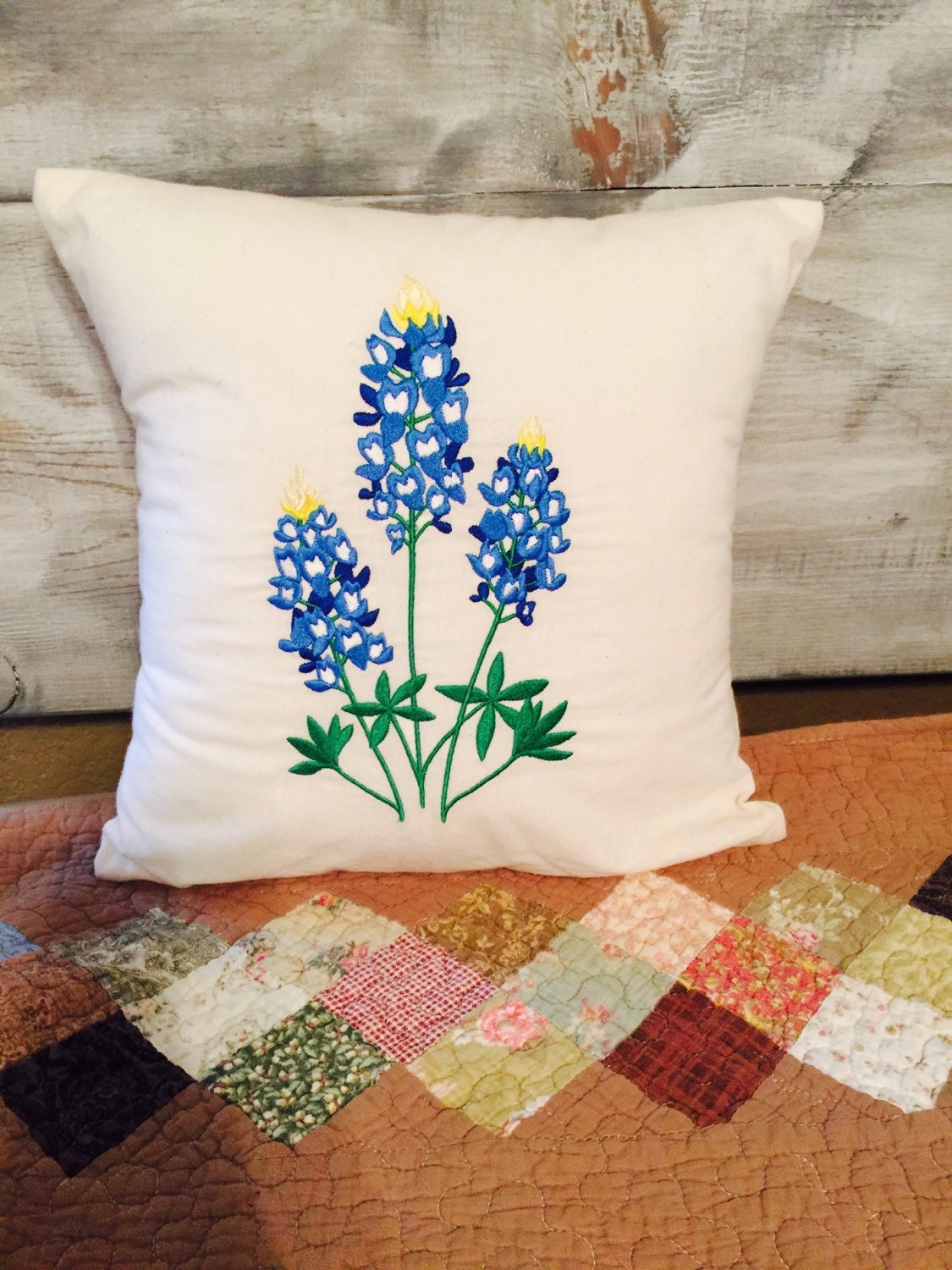 Embroidered Bluebonnets throw pillows