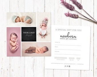Gift certificate template. Newborn session photography gift card. Marketing voucher card. Fully editable Photoshop PSD files 5x5". GCB004