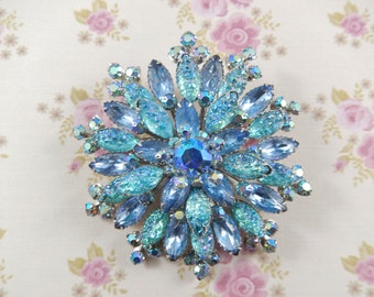 Vintage Large 50s Blue Rhinestone and Art Glass Flower Brooch Pin