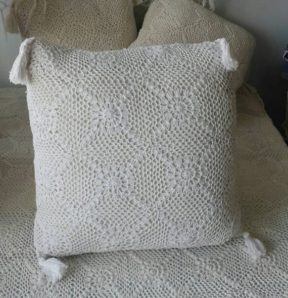 Hand crochet Pillow with tassel trim 40x40cm crochet cushion