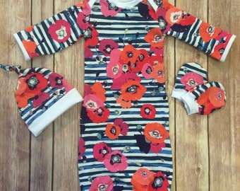 Baby gown, knot hat, and no scratch mittens, newborn set, girl baby, floral