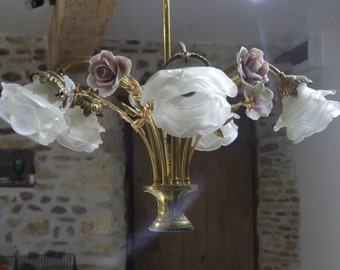 Stunning French Brass Ceiling Light with Hand Painted China Roses, Glass shades in the shape of flowers