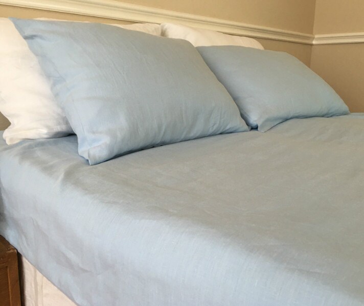Blue Bed Sheets in natural linen Top Sheet Fitted sheet