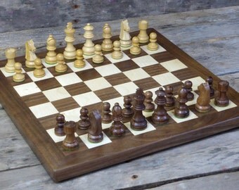 Wooden chess set | chess board with wooden chess pieces | walnut and maple chess board