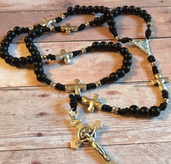 St Benedict Matte Black Glass Beads Small Rosary Chi-Ro Center