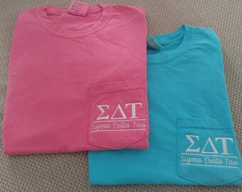 Sigma Delta Tau, Sorority Shirts, Sorority T Shirt, Greek Letter shirt, Pocket T Shirt, Monogrammed Pocket T, Personalized T Shirt