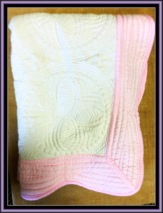 SOFT WHITE quilted baby blanket with a soft pink scalloped