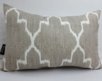 Taupe and white lumbar decorative pillow 18" x 12" ikat,