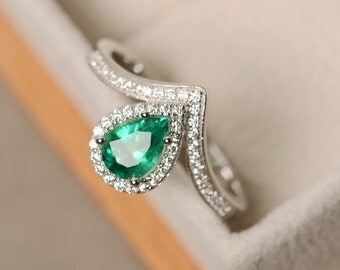 Emerald ring, pear cut, gemstone ring emerald