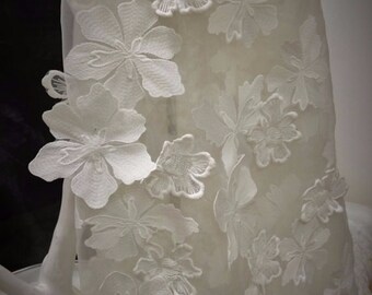 3D ivory flower lace fabric, organza base , handmade, 3d ivory fabric, 3D lace, embroidered lace B000013