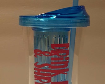 Custom Infused Tumbler, Plexus Water Bottle, Pink Drink, 16oz Double Wall Tumbler - Blue with pink lettering.