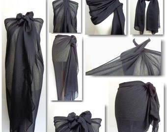 Jet Black Plain Sarong, Pareo, Beach Cover Up, Resort Wear, Pool Wrap, Holiday Wear, Vacation, Beach Dress, Ladies Sarong,Beach Wrap,Swim