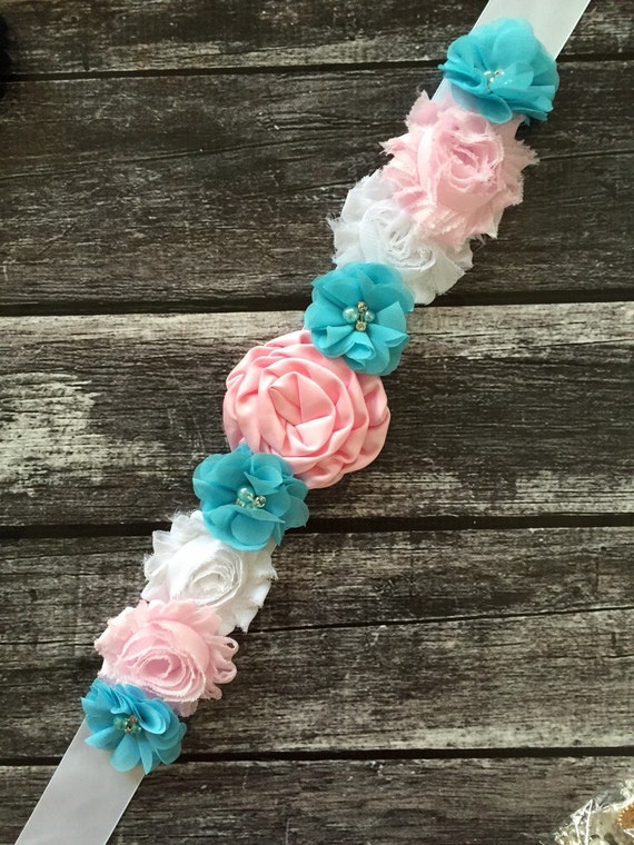Gender reveal maternity sash chiffon flowers white ribbon