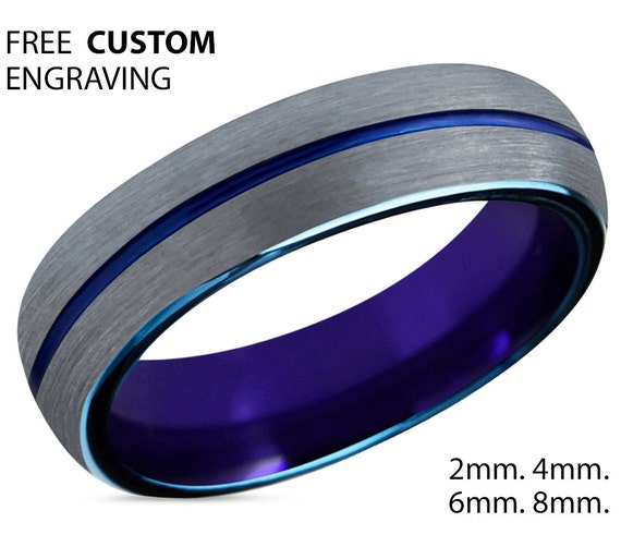 Tungsten Ring Mens Purple Brushed Silver Blue Wedding Band