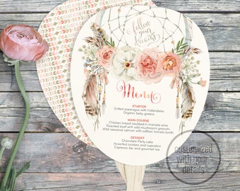 Dreamcatcher DIY boho baby shower paddle fan menu. Digital files. Feather, bohemian, tribal, wood handle, peony girl. Customisable. 054CMPEX