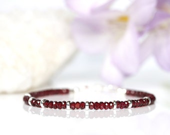 Red Garnet Bracelet, Genuine Natural Garnet Jewelry, 925 Sterling Silver, Beaded Garnet Bracelet, January Birthstone, Gift for Girlfriend
