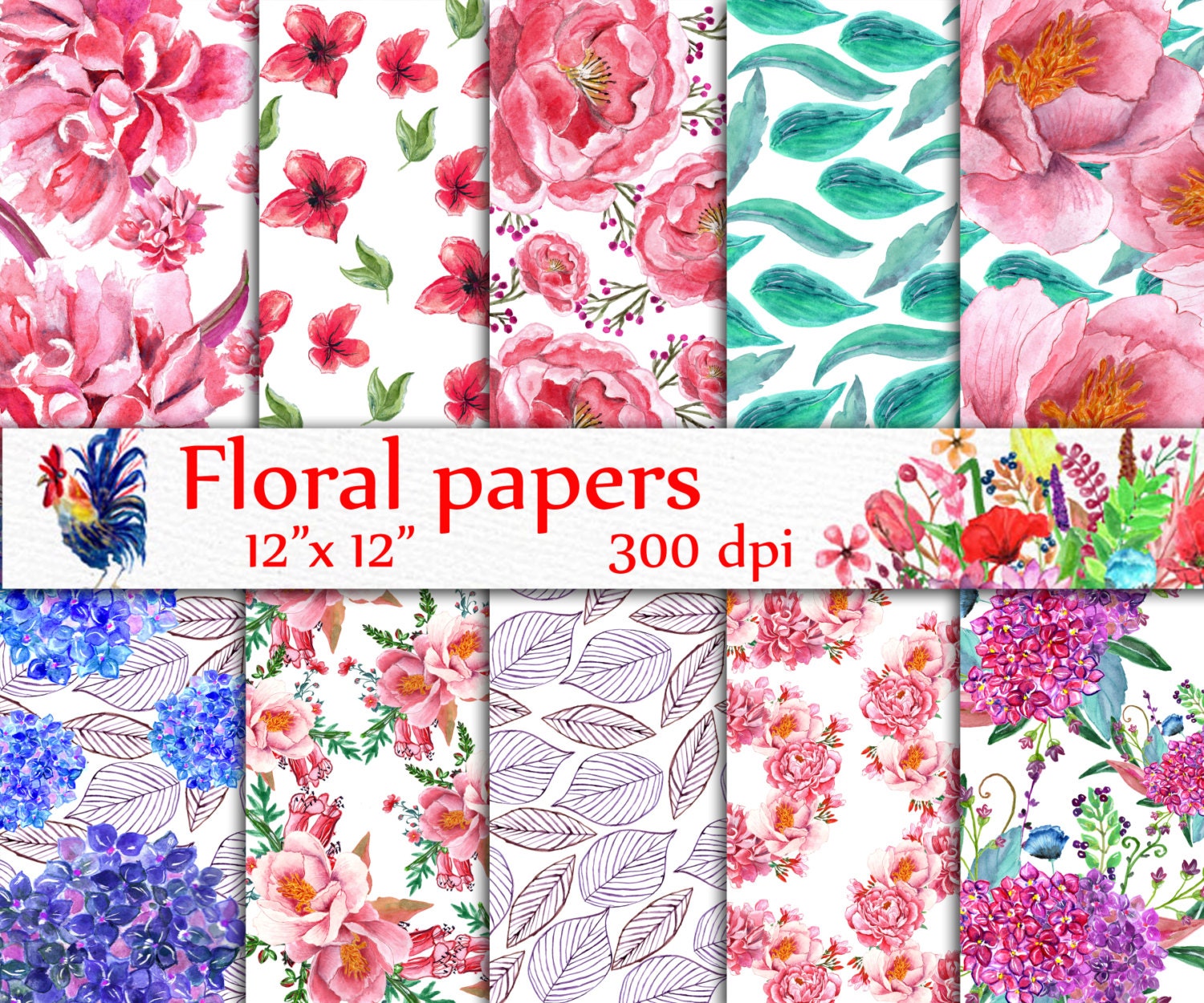 Watercolor Floral Paper: FLORAL DIGITAL PAPER by LeCoqDesign