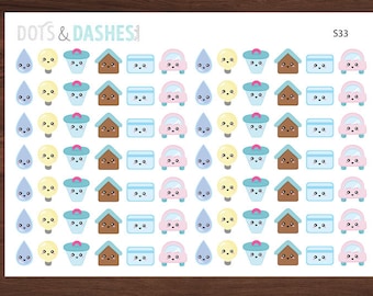 S33-Kawaii bill reminder stickers, water bill, power bill, rent, credit card, car payment reminder (84 Matte Planner stickers)
