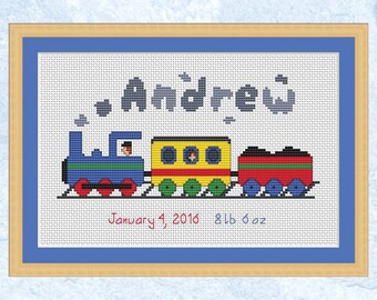 Birth sampler cross stitch pattern, custom cross stitch, personalized steam train chart, customised, baby christening, boy, girl, child, PDF