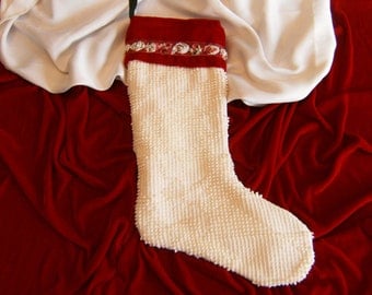 Red Velvet Christmas Stocking, Chenille Christmas Stocking, Upcycled Christmas Stocking, Vintage Christmas Stocking, Lined Stocking