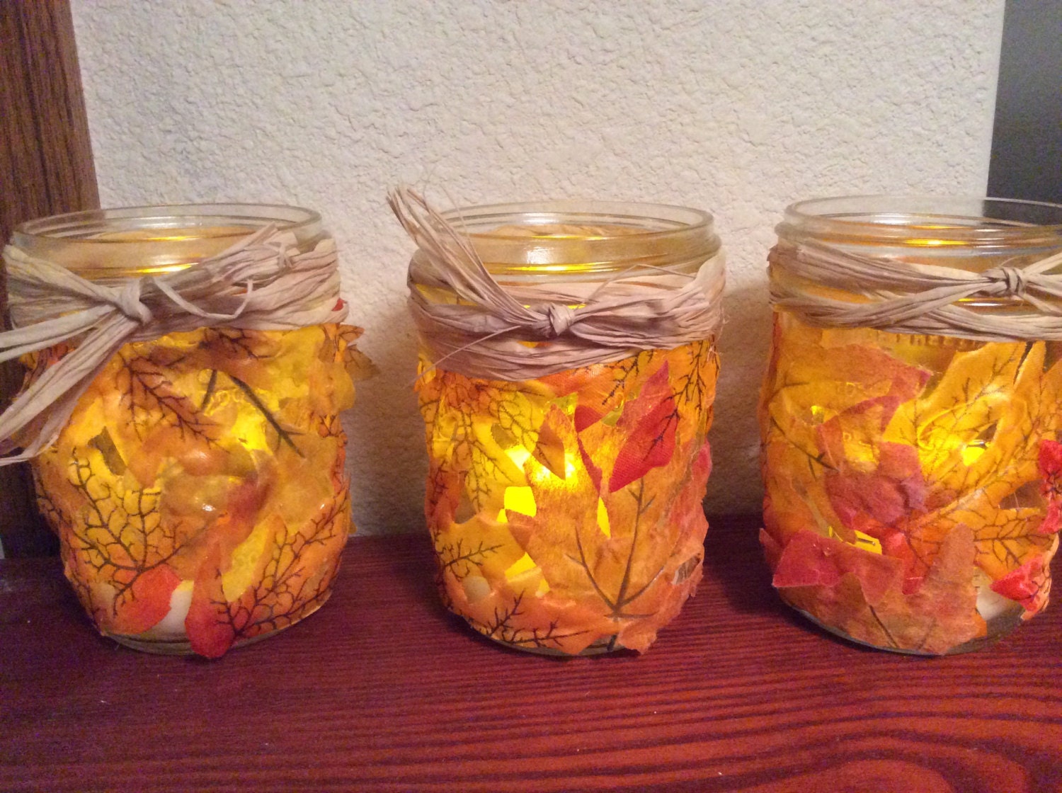 Candlelit Fall Leaves Mason Jars Home Decor Seasonal