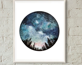 Watercolor Art Print, Starry Sky, Forest Art, Circle Art, Home Decor, Night Sky, Nature Print, Space Art, Tree Art, Landscape Print
