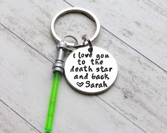 I Love You to the Death Star and Back Hand Stamped 1" Aluminum Keychain, Star Wars Keychain, Force, Lightsaber Keychain Husband Wedding Gift