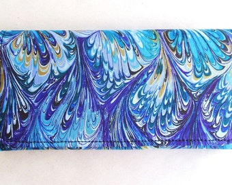 New Feather blue cotton fabric wallet, clutch, trifold handmade
