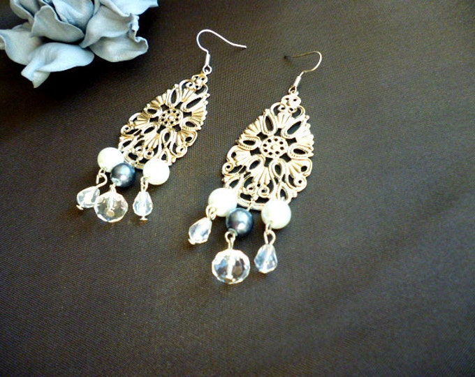 Silver Teardrop Filigree Bead Earrings Silver Dangle Pearl Crystal Earrings Everyday Holiday Jewellery Present Boho Chic Gift maroccan trend